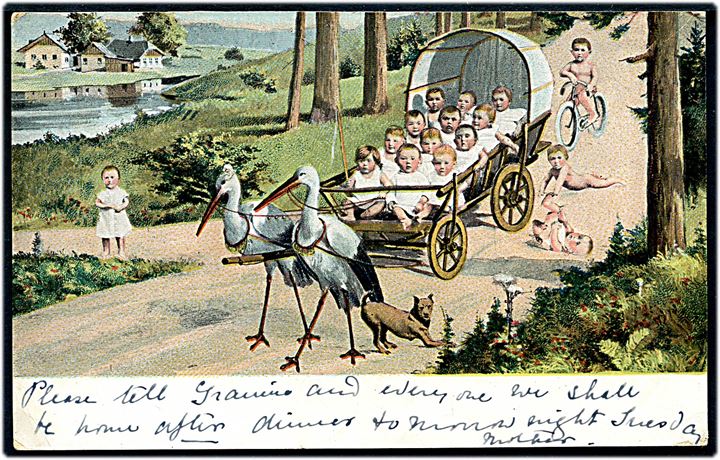 5 c. i parstykke på brevkort annulleret med britisk stempel i Folkestone d. 29.5.1905 og sidestemplet Paquebot til Bromley, England. Motiv: Storke kommer med en vognfuld børn.