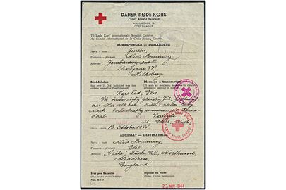 Dansk Røde Kors formularbrev - Form III-9-43 - fra Silkeborg d. 13.10.1944 til Northwood, England. Returneret med svar dateret d. 21.1.1945. Røde Kors stempler fra både København, Geneve, samt britisk censur.