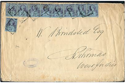 Britisk 2½d Victorie (9) på stor kuvert fra London d. 8.5.1894 til St. Thomas, Dansk Vestindien. På bagsiden ank.stemplet St. Thomas d. 24.5.1894