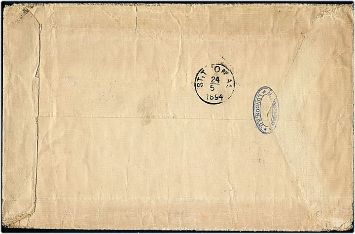 Britisk 2½d Victorie (9) på stor kuvert fra London d. 8.5.1894 til St. Thomas, Dansk Vestindien. På bagsiden ank.stemplet St. Thomas d. 24.5.1894