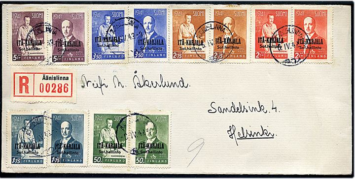 Østkarelen. Komplet sæt Ryti og Mannerheim Itä-Karjala provisorium på anbefalet brev fra Äänislinna d. 6.4.1942 til Helsinki.