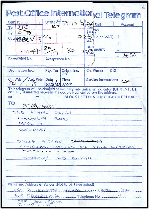75d Elizabeth i 6-blok på bagsiden af telegram postanvisning annulleret med feltpost stempel F.P.O. 952 (= RAF Gutersloh, Tyskland) d. 30.4.1982 til England.
