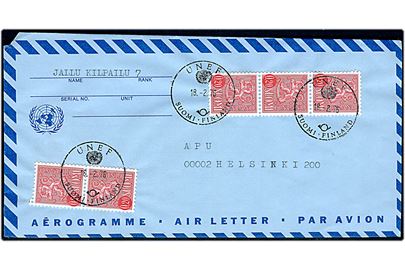 0,20 mk. Løve (5) på FN air letter formularbrev stemplet UNEF Suomi Finland d. 18.2.1976 til Helsinki, Finland.