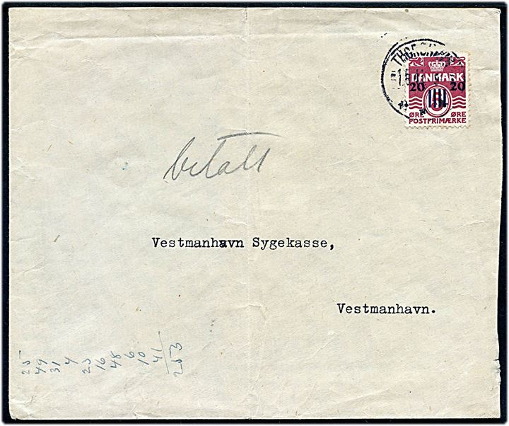 20/5 øre Provisorium på brev fra Thorshavn d. 15.11.1940 til Vestmanhavn. Lodret fold.