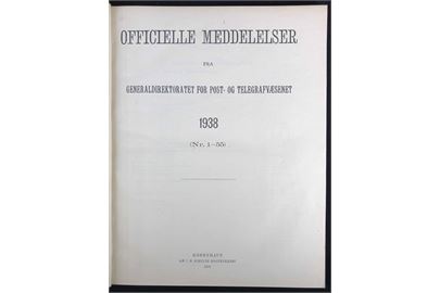 Officielle Meddelelser fra Generaldirektoratet for Post- og Telegrafvæsenet. 1938. Indbundet årgang 202 sider + bilag.