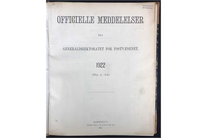 Officielle Meddelelser fra Generaldirektoratet for Postvæsenet. 1922. Indbundet årgang 186 sider.