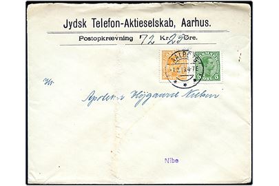 5 øre og 35 øre Chr. X på brev fra Jydsk Telefon-Aktieselskab med postopkrævning fra Aalborg d. 1.2.1919 til Nibe.