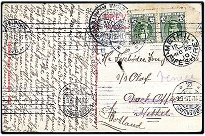 5 øre Fr. VIII i parstykke på brevkort (Kbh. Sanct Lucas Stiftelse) fra Kjøbenhavn d. 22.11.1910 til sømand ombord på S/S Olaf i Methil, Scotland - eftersendt til Italien.