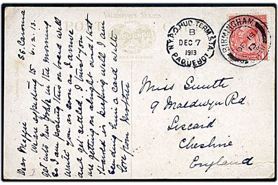 1d George V på brevkort (Queenstown) skrevet ombord på S/S Caronia med amerikansk skibsstempel N.Y.P.O. Hud. Term. Sta. Paquebot d. 7.12.1913 til England. Frimærke annulleret med ankomst til England med sjældent skibsstempel Birmingham / Ship d. 18.12.1913.