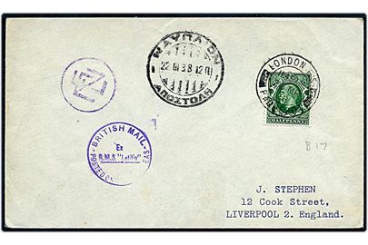 ½d George V på filatelistisk tryksag annulleret med skibsstempel London F. S. Paquebot d. 26.3.1938 og sidestemplet med græsk stempel d. 22.3.1938 til Liverpool, England. Fra S/S Letitia.