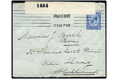 2½d George V på brev annulleret med skibsstempel London Paquebot d. 23.9.1916 til Haag, Holland. Åbnet af britisk censur no. 1484.