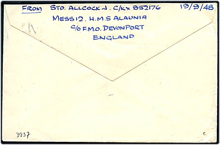 1½d George VI i parstykke på brev dateret d. 19.9.1948 og mærket H.M.Ships annulleret med skibsstempel Post Office / Maritime Mail til Heidelberg, Tyskland. Sendt fra HMS Alaunia c/o F.M.O. Devonport. 