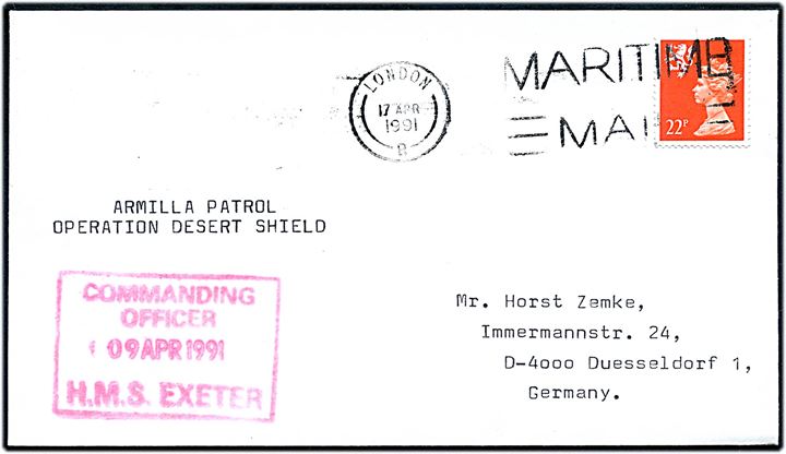 22d Elizabeth Scotland lokal udg. på brev annulleret med flådepoststempel London / Maritime Mail d. 17.4.1991 til Düsseldorf, Tyskland. Påskrevet: Armilla Patrol, Operation Desert Shield med rammestempel: Commanding Officer HMS Exeter d. 9.4.1991. Krydseren HMS Exeter deltog i Royal Navy patruljeringen af den Persiske Golf under Golfkrigen.