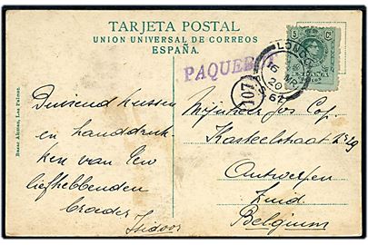 5 cts. Alfonso XIII på brevkort fra Puerto de la Luz, Las Palmas annulleret med britisk stempel London F.S. 62 d. 16.3.1920 og sidestemplet Paquebot til Antwerpen, Belgien.