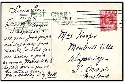 1d Edward VII på brevkort (St. George's Cathedral, Freetown, Sierra Leone) dateret d. 10.7.1910 og annulleret med britisk skibsstempel Plymouth Paquebot d. 22.7.1910 til Kingsbridge, England. 