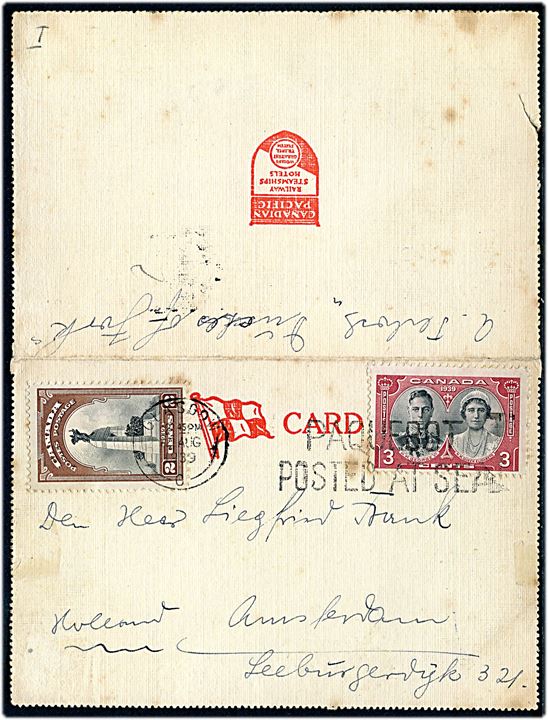 2 c. og 3 c. på Canadian Pacific korrespondancekort skrevet ombord på S/S Duchess of York d. 3.8.1939 annulleret med britisk skibsstempel Glasgow / Paquebot Posted at Sea d. 12.8.1939 til Amsterdam, Holland. 