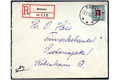 27 øre/1 kr. Provisorium single på anbefalet brev fra Rønne d. 9.7.1918 til København.
