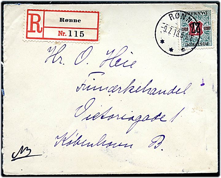 27 øre/1 kr. Provisorium single på anbefalet brev fra Rønne d. 9.7.1918 til København.