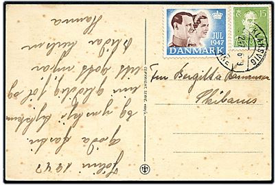15 øre Chr. X og Julemærke 1947 brevkort stemplet Klaksvig Færøerne d. 22.12.1947.