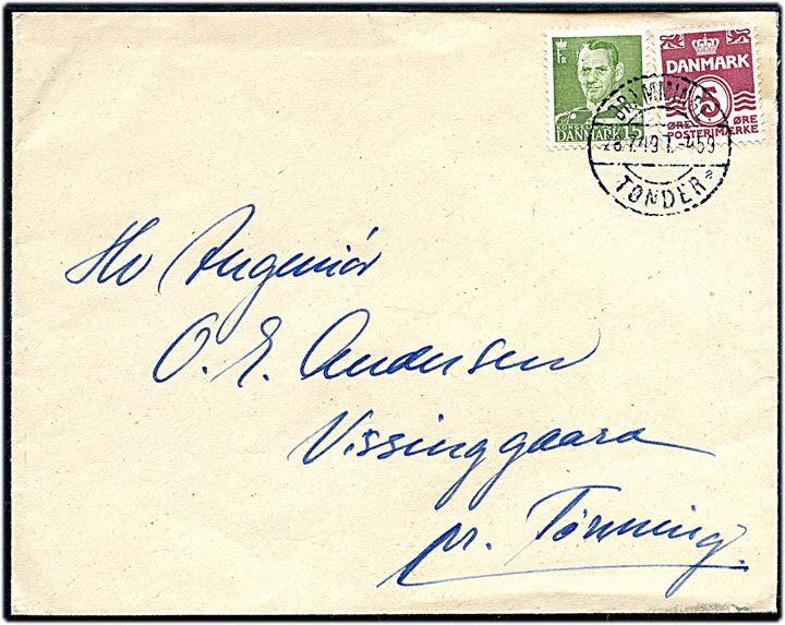 5 øre Bølgelinie og 15 øre Fr. IX på brev fra Visby annulleret med bureaustempel Bramminge - Tønder sn2 T.459 d. 28.7.1949 til Tønning.