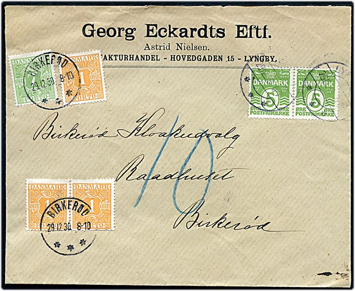 5 øre Bølgelinie i parstykke på underfrankeret brev fra Lyngby d. 29.12.1930 til Birkerød. Udtakseret i porto med 1 øre (3) og 7 øre Portomærke stemplet Birkerød d. 29.12.1930.