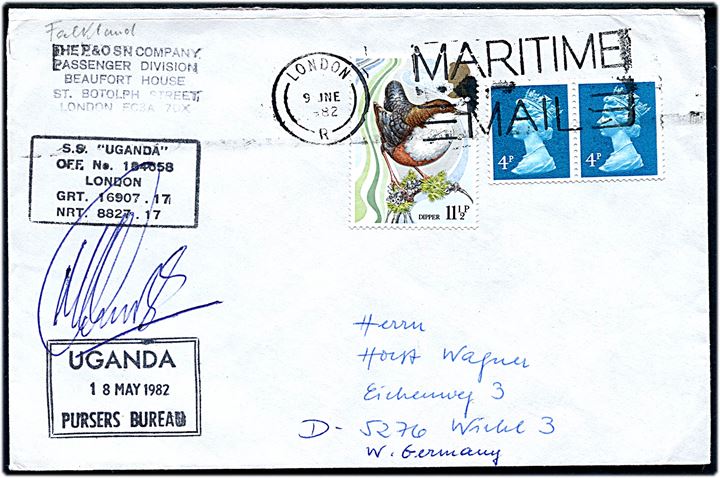 4d Elizabeth i parstykke og 11½d Fugl på brev annulleret med flådepost stempel London / Maritime Mail d. 9.6.1982 og sidestemplet UGANDA / Pursers Bureau d. 18.5.1982 til Tyskland. S/S Uganda var et passagerskib som i forbindelse med Falklandskrigen blev chartret af Royal Navy som hospitalsskib, hvor det behandlede 730 patienter.
