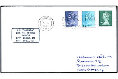 ½d, 2d og 18d  Elizabeth på brev annulleret med flådepost stempel London / Maritime Mail d. 5.1.1984 til Tyskland.  Efter Falklandskrigen var S/S Uganda chartret af Royal Navy i 2 år som depot skib ved Falklandsøerne.