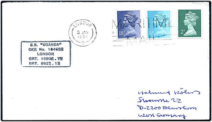 ½d, 2d og 18d  Elizabeth på brev annulleret med flådepost stempel London / Maritime Mail d. 5.1.1984 til Tyskland.  Efter Falklandskrigen var S/S Uganda chartret af Royal Navy i 2 år som depot skib ved Falklandsøerne.