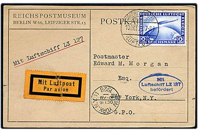 2 mk. Zeppelin udg. på luftpost brevkort stemplet Friedrichshafen d. 10.10.1928 til New York, USA. Ovalt flyvningsstempel Mit Luftschiff LZ 127 befördret og ank.stemplet New York d. 16.10.1928.