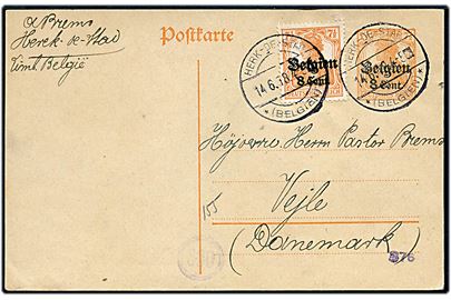 Tysk post i Belgien. 8 c./7½ pfg. Belgien provisorisk helsagsbrevkort opfrankeret med 8 c./7½ pfg. fra Herk-de-Stad (Belgien) d. 14.6.1918 til Vejle, Danmark.