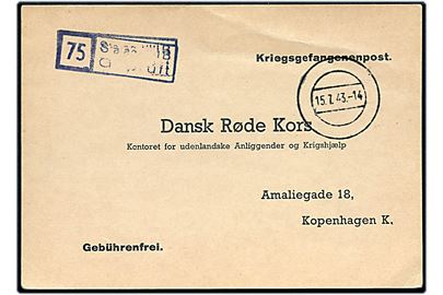 Ufrankeret fortrykt krigsfangekort med kvittering for modtagelse af Røde Kors pakke fra læge i Brovst sendt fra britisk krigsfange Eldridge 13069 i Stalag VIIIB (= Lamsdorf) med stumt stempel d. 15.7.1943 til Dansk Røde Kors i København. Lejrcensur no. 75.