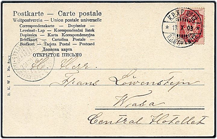 10 pen. Våben på brevkort annulleret med 2-sproget bureaustempel K.P.X.P. No. 12 d. 13.10.1903 til Wasa.