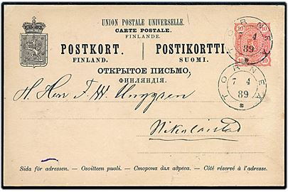 10 pen. helsagsbrevkort annulleret med 2-ringsstempel Torneå d. 7.4.1889 til Nikolaistad.