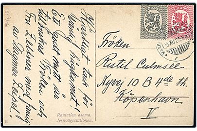 5 pen. og 20 pen. Løve på brevkort annulleret med udslebet 2-sproget stempel Mariehamn d. 29.12.1920 til København. Sendt fra Dagmar Zeipel, den kvindelige chef for Mariehamn Telegrafkontor.