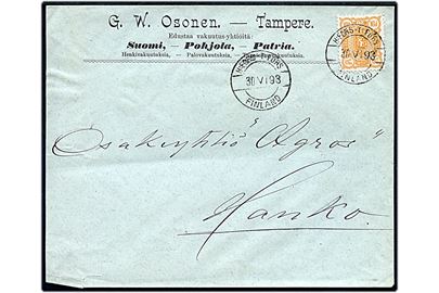 10 pen. Våben på brev fra Tampere annulleret med bureaustempel H:Fors - T:Fors Finland d. 30.6.1893 til Hanko.