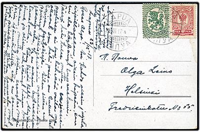 Blandingsfrankering af 10 pen. Våben og 5 pen. Løve på brevkort (Gerda Graff: Lille dreng på ski) fra Lapua d. 23.12.1917 til Helsingfors.