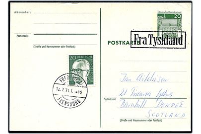 Tysk 20 pfg. helsagsbrevkort opfrankeret med 20 pfg. annulleret med rammestempel Fra Tyskland og bureau Fredericia - Flensburg T.955 d. 12.7.1971 til Dundee, Scotland.