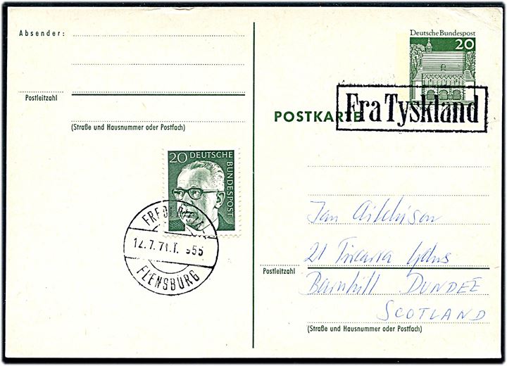 Tysk 20 pfg. helsagsbrevkort opfrankeret med 20 pfg. annulleret med rammestempel Fra Tyskland og bureau Fredericia - Flensburg T.955 d. 12.7.1971 til Dundee, Scotland.