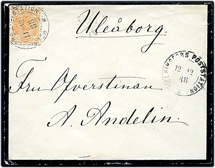 20 pen. Våben på sørgekuvert stemplet Helsingfors Poststation d. 11.12.1888 til Uleåborg.