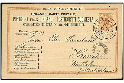 10 pen. helsagsbrevkort fra Helsingfors d. 1.2.1883 via St. Petersburg til Hemer, Tyskland.