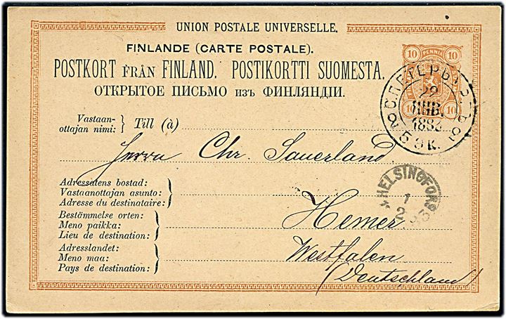 10 pen. helsagsbrevkort fra Helsingfors d. 1.2.1883 via St. Petersburg til Hemer, Tyskland.