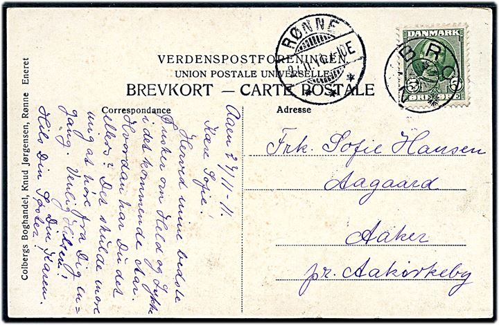5 øre Fr. VIII på brevkort annulleret med stjernestempel NYBRO og sidestemplet Rønne d. 27.11.1911 til Aakirkeby.