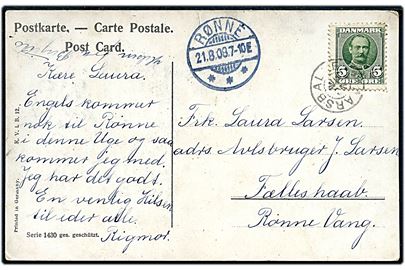 5 øre Fr. VIII på brevkort annulleret med stjernestempel AARSBALLE og sidestemplet Rønne d. 21.8.1908 til Rønne.