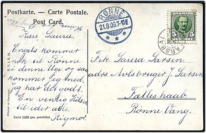 5 øre Fr. VIII på brevkort annulleret med stjernestempel AARSBALLE og sidestemplet Rønne d. 21.8.1908 til Rønne.