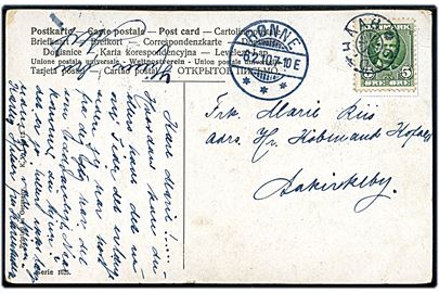 5 øre Fr. VIII på brevkort annulleret med stjernestempel GODTHAAB og sidestemplet Rønne d. 6.2.1910 til Aakirkeby.
