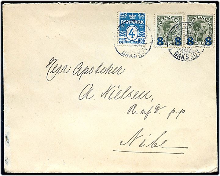 4 øre Bølgelinie og 8/12 øre Provisorium i parstykke på brev fra Nakskov annulleret med uldent bureaustempel Nykjøbing - Nakskov T.5 d. 25.6.1926 til Nibe.