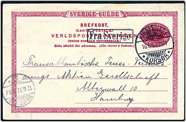 10 öre helsagsbrevkort fra Malmö annulleret med dansk bureaustempel Kjøbenhavn - * Korsør * T.61 d. 16.6.1897 og sidestemplet Fra Sverige til Hamburg, Tyskland.