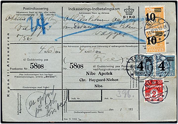 2 øre bogtryk Bølgelinie, 4/25 øre (par) og 10/30 øre (par) Provisorium på retur Indkasserings-Indbetalingskort fra Nibe d. 16.10.1935 til Vægger.