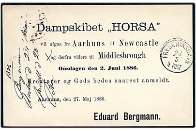 4 øre helsagsbrevkort sendt som tryksag med fortrykt advis vedr. dampskibet S/S Horsa fra Aarhus d. 27.5.1886 til Frederikshavn.