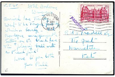 12 fr. Palais du Luxembourg på brevkort (Le Touquet-Paris-Plage, La-Piscine) annulleret med britisk stempel i Folkestone d. 5.8.1948 og sidestemplet Paquebot til Harrietston, England.